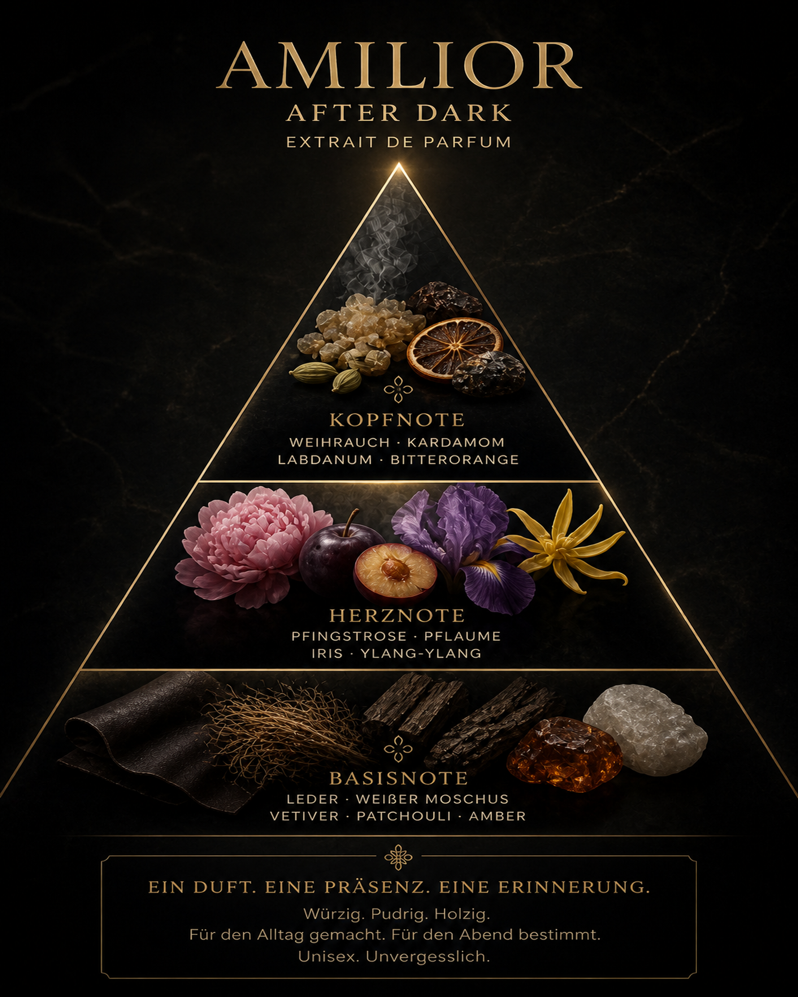AMILIOR After Dark Duftpyramide – Noten: Weihrauch, Kardamom, Leder, Vetiver, Amber